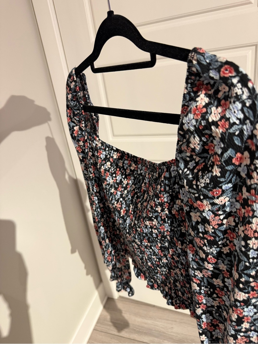 Dynamite Black Floral Smocked Square-Neck Top with Pink & Blue Flowers
